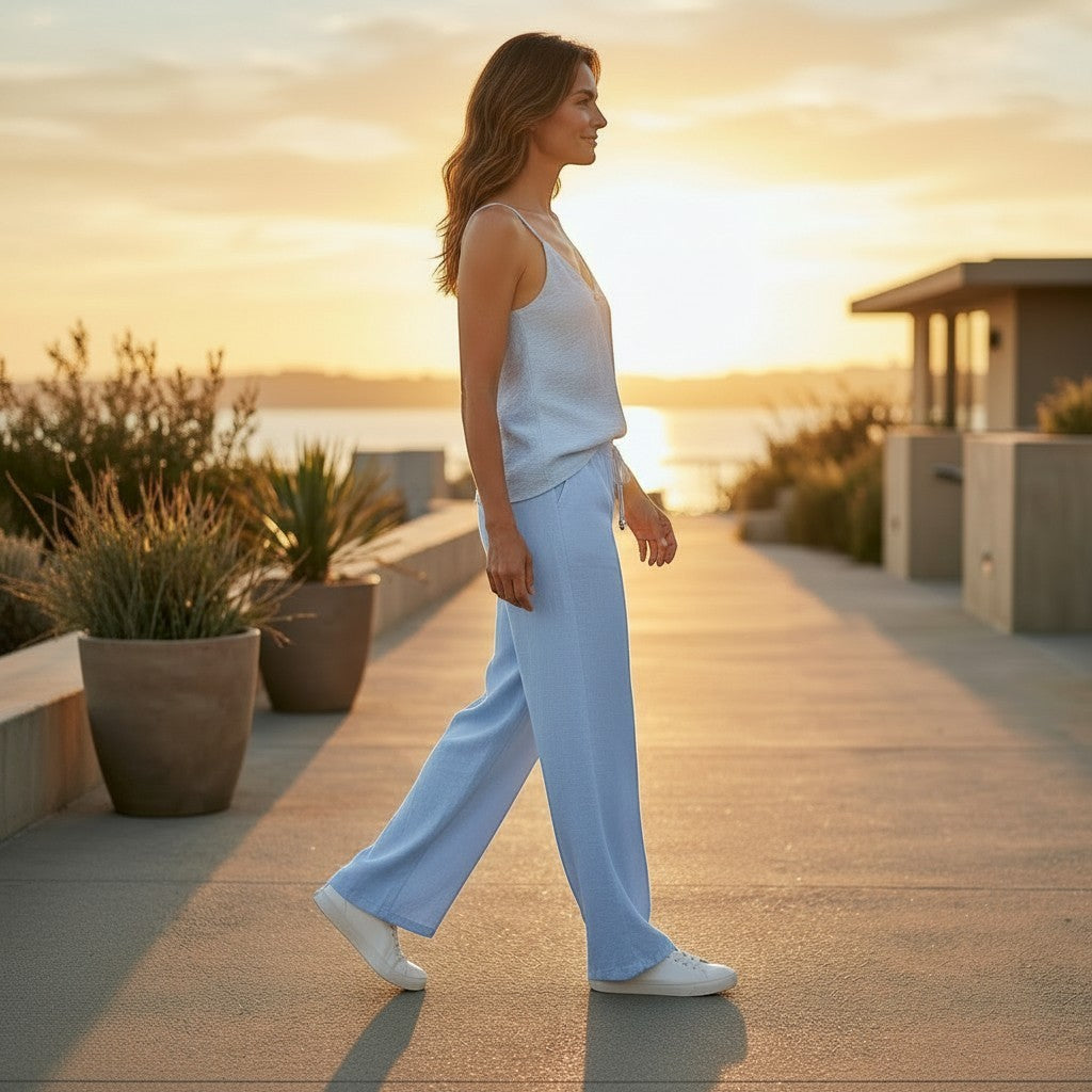 Femmes de pilotes pantalon large bleu clair en tissu fluide, taille élastique avec perles en bois argenté.