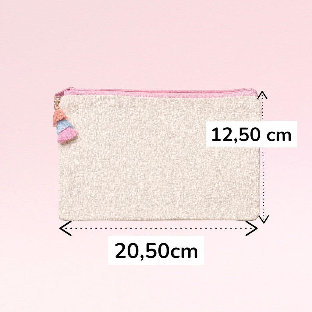 Pochette Femmes de pilotes en lin beige avec pompons multicolores et fermeture éclair rose. Dimensions 20,50 cm x 12,50 cm.
