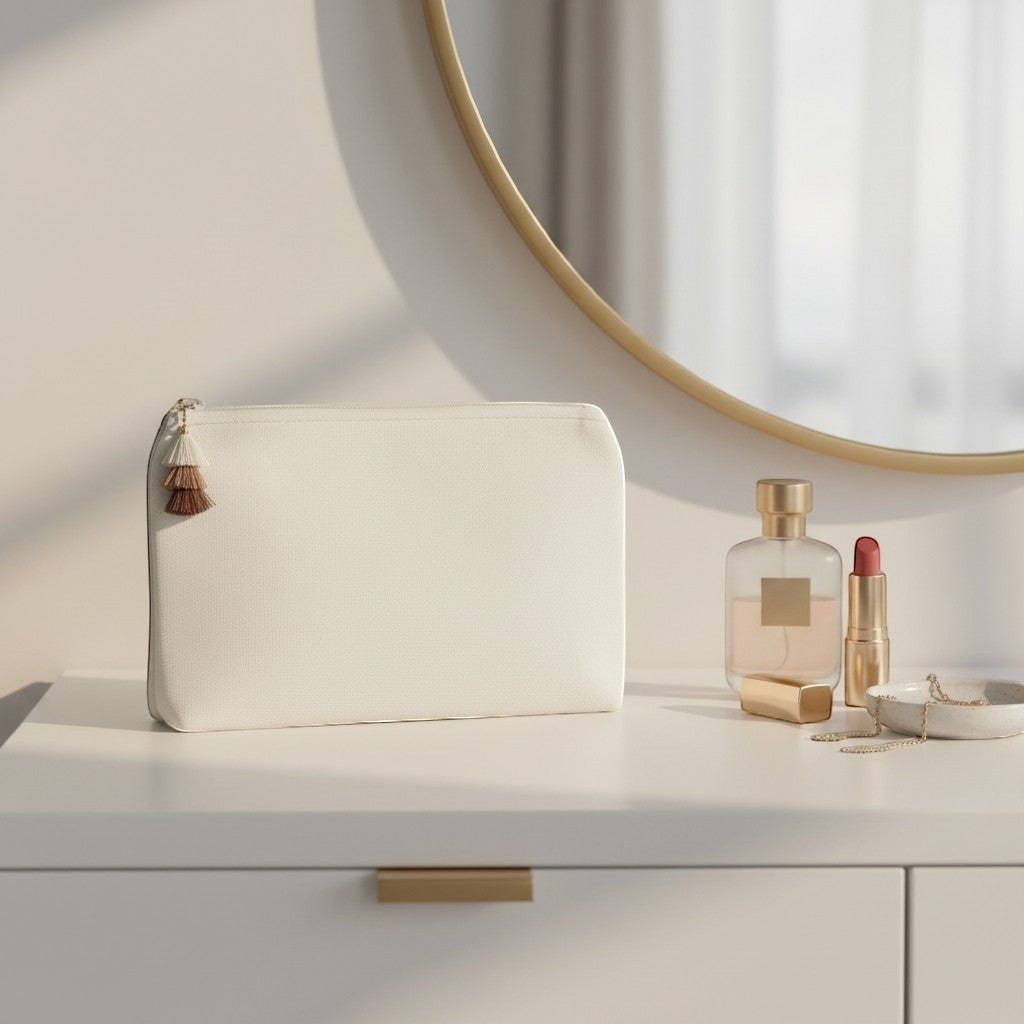 Pochette en lin blanc cassé Femmes de pilotes avec pompons décoratifs, format pratique pour cosmétiques.