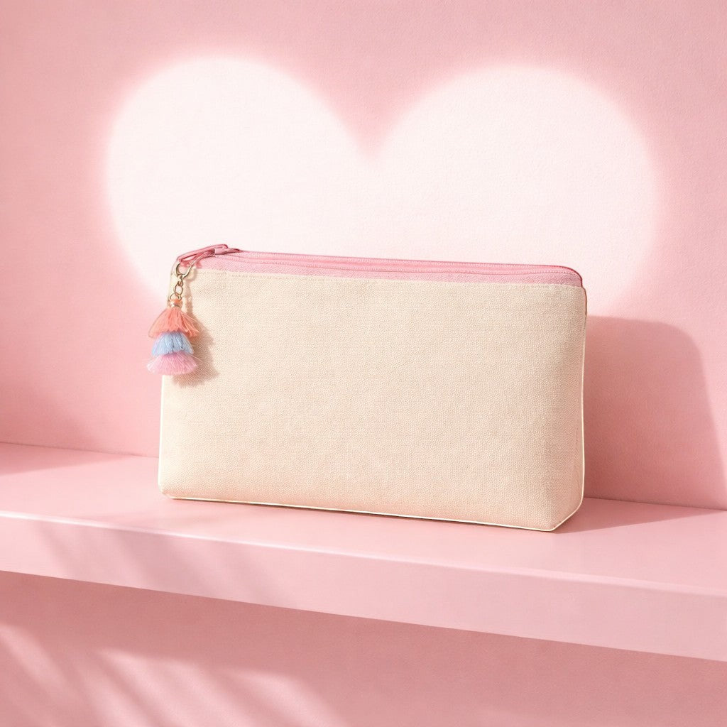 Pochette en lin beige Femmes de pilotes avec pompons colorés et fermeture éclair rose, format pratique.