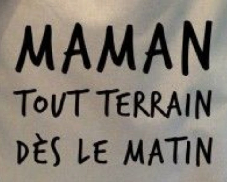 Pochette en lin Femmes de pilotes avec inscription "Maman tout terrain dès le matin" en noir.
