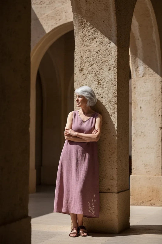 Femmes de pilotes Robe rose pâle fluide encolure V avec pampille or, coupe trapèze, motif floral beige sur le bas.