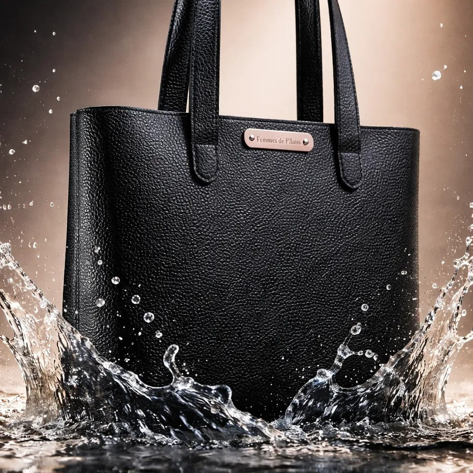 Sac cabas Femmes de Pilotes en cuir noir texturé, fait main, modèle unique, avec éclaboussures d'eau.
