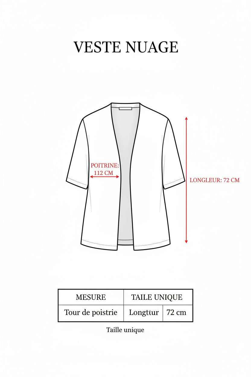 Femmes de pilotes Veste Nuage blanc ivoire, manches courtes, longueur midi, maille fine et légèrement transparente.