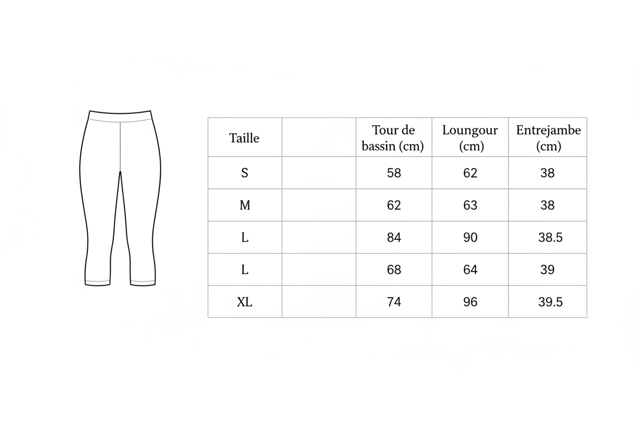 Guide des tailles – Legging Corsaire sans flèches