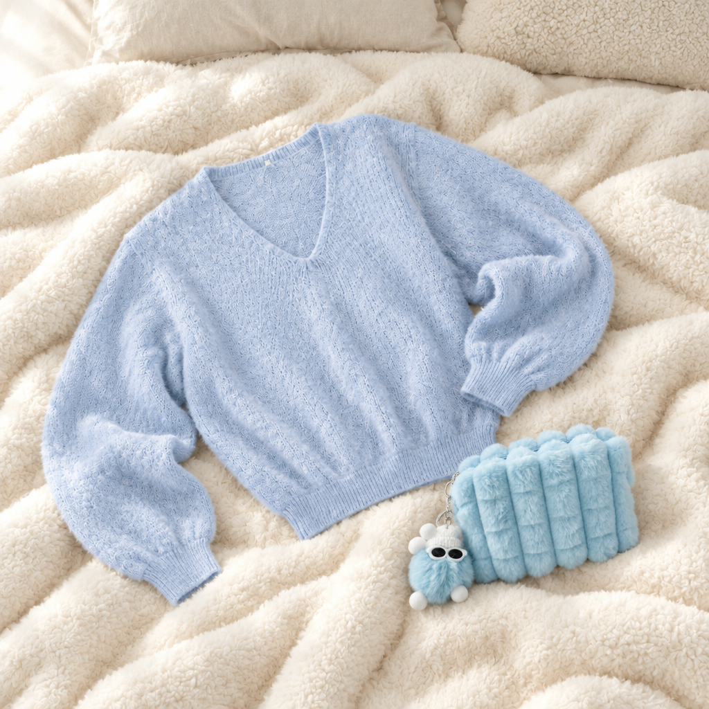 Pull bleu et pochette fluffy disposés à plat sur un lit avec une épaisse couverture polaire