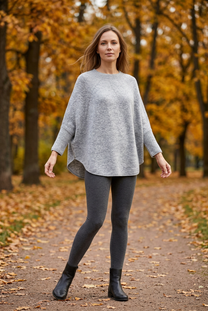 Pull poncho porté dans un parc en automne avec un legging gris anthracite