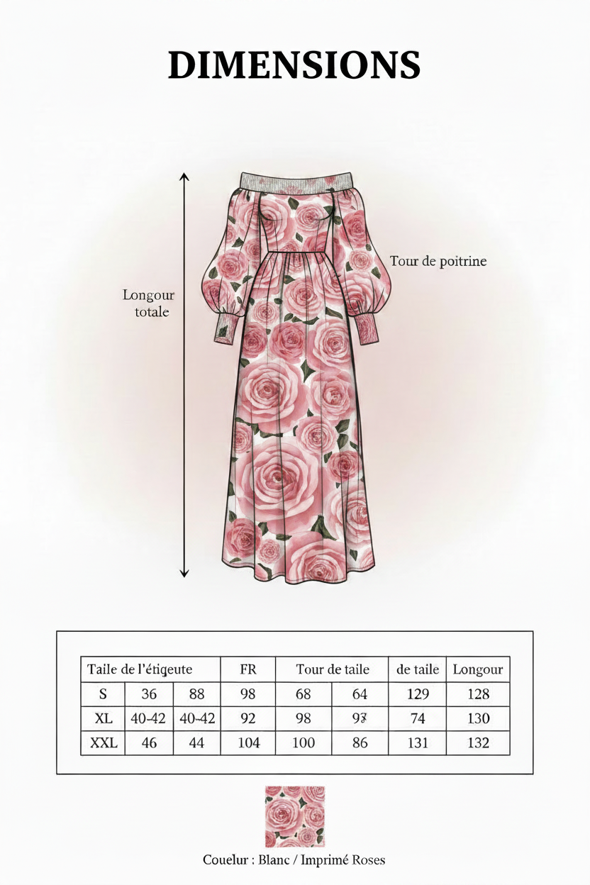 Tableau dimensions robe bardot très grandes fleurs